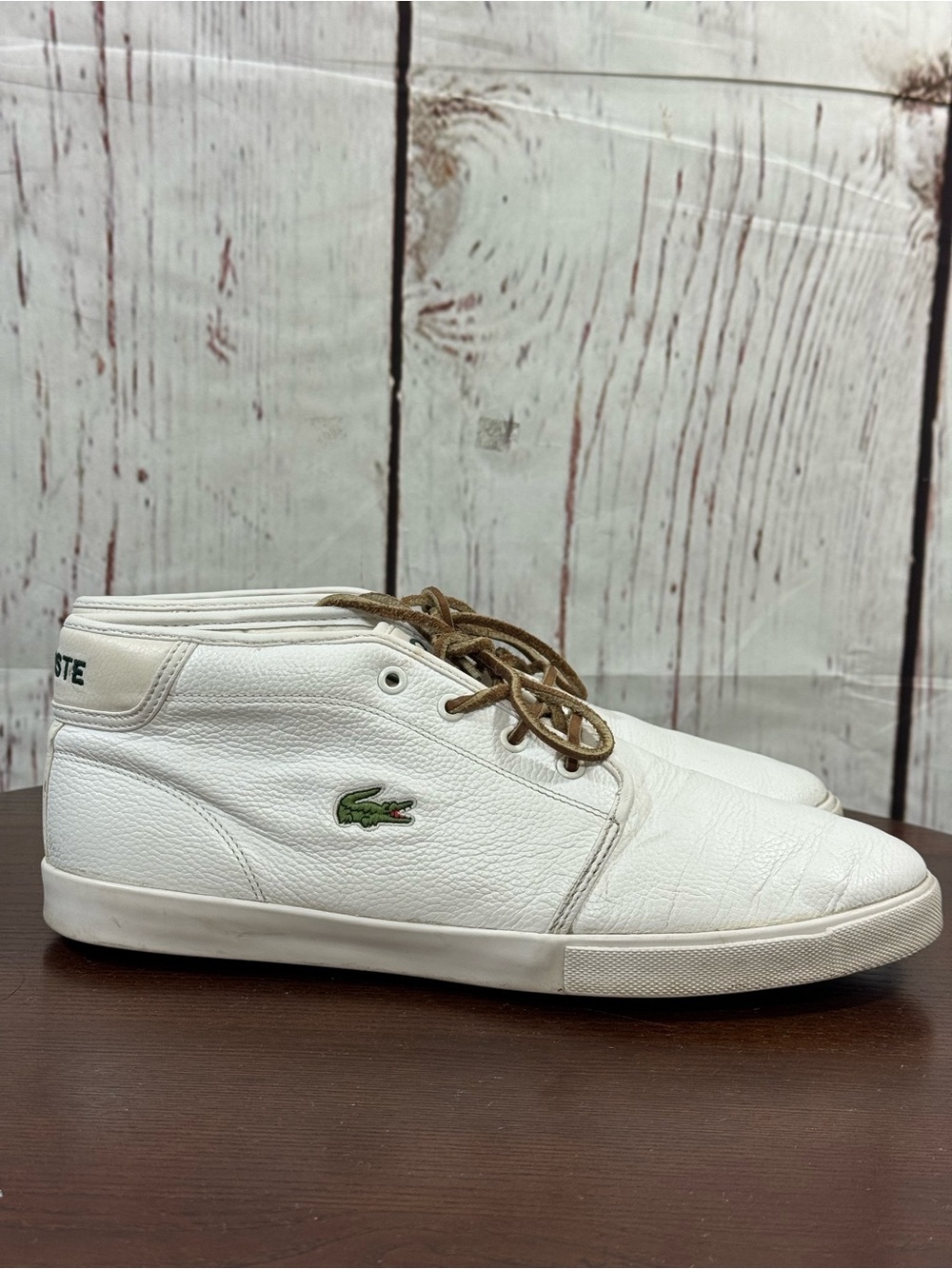 Lacoste White Leather Mid-Top Sneakers with Brown suede Laces Men’s Size 10